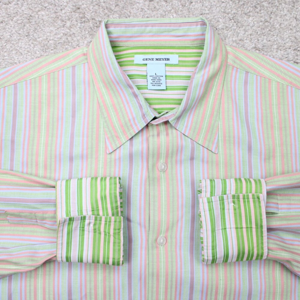 Gene Meyer‎ Shirt Mens Large Green/Orange/Purple Striped Cotton Flip Cuff L/S